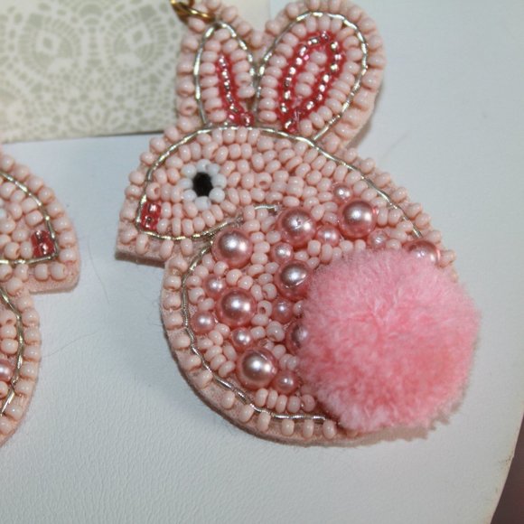 Pink Seed Beads & Pink Pearls Easter Bunny Earrings - Picture 3 of 3